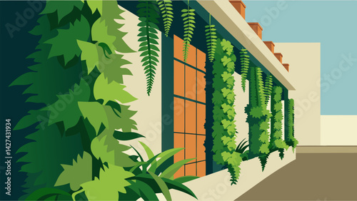 One of the most prominent features of the landscape design was a living wall with cascading vines and ferns creating a stunning vertical garden along. Vector illustration