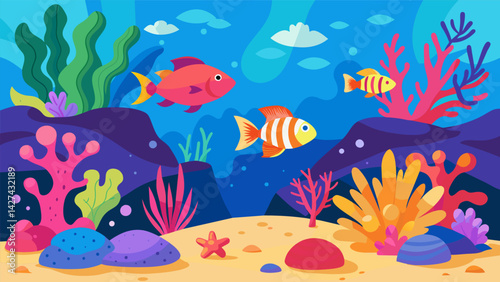 A captivating aquarium that recreates the vibrant colors and diversity of a tropical lagoon with sandy bottom brightly colored fish and a mix of hard. Vector illustration