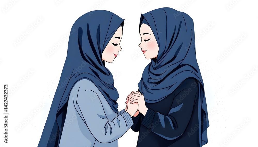 A mother and daughter wearing long hijabs. A mother and daughter wearing long hijabs.