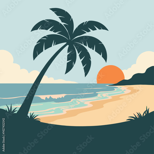 Stylized beach scene with palm tree and sunset illustration art