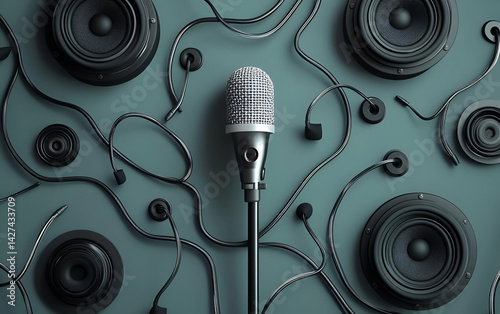 A captivating arrangement of a microphone, speakers, and tangled cables creating a dynamic audio setup.