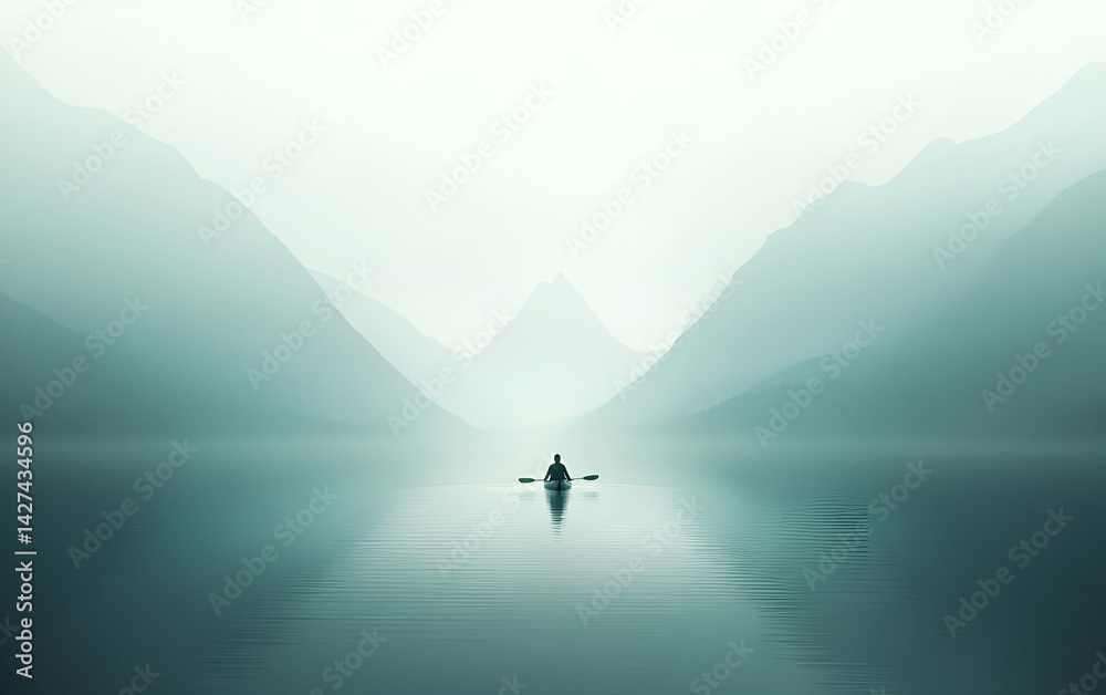Fototapeta premium A serene landscape featuring a lone boat in a misty lake surrounded by majestic mountains, evoking tranquility.