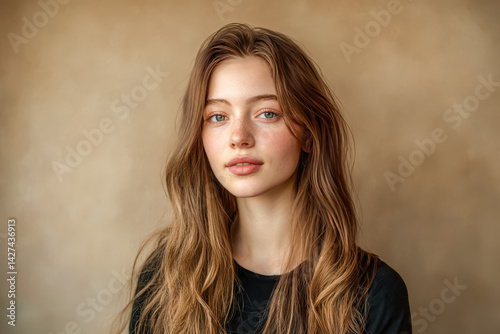Close-up portrait of a young European girl with long wavy hair and freckles, gazing calmly at the camera against a neutral background.