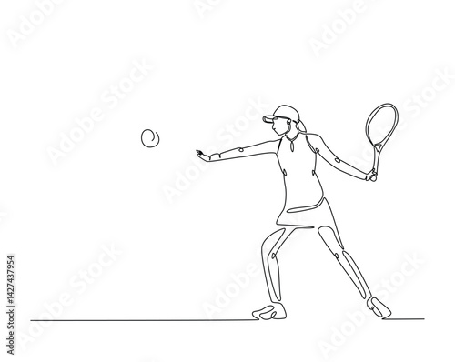 Female tennis player with racket outline drawing illustration. one continuous line drawing of tennis player hit the ball.