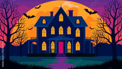 Haunted house with spooky atmosphere and bats against sunset  