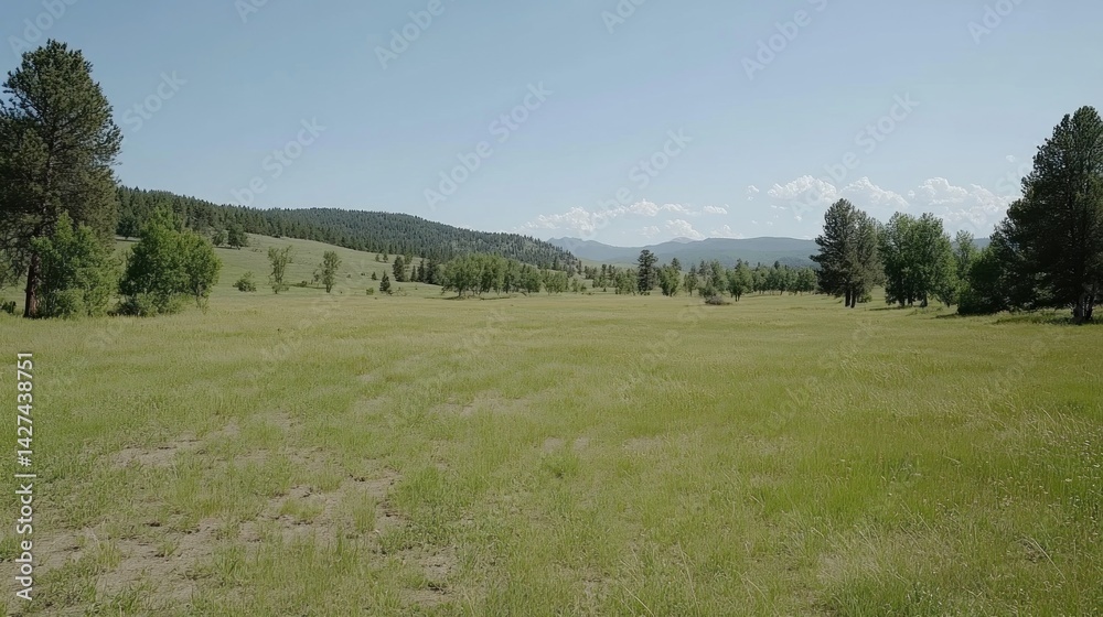 Fototapeta premium Expansive meadow stretches toward distant mountain range.