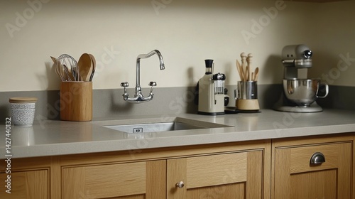 Stylish kitchen counter with sink, faucet, and appliances. photo