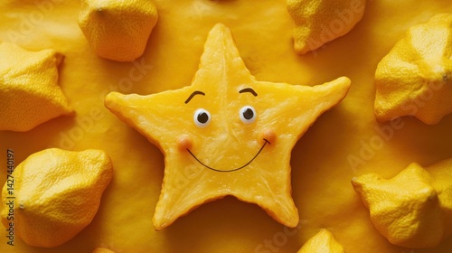 Star fruit with a smiley face on a yellow background with more star fruit.
