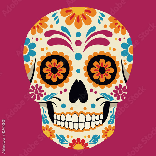 Colorful Día de los Muertos skull illustration on a vibrant background  
