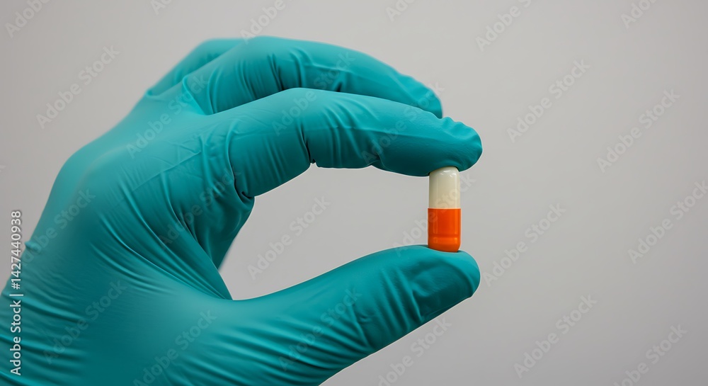 A gloved hand holding a capsule with one half white and the other half orange against a white background A gloved hand holding a capsule with one half white and the other half orange against a white background