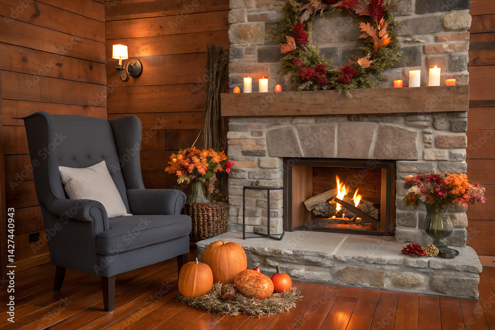 Obraz premium Cozy Autumn Fireplace Scene with Armchair and Pumpkins