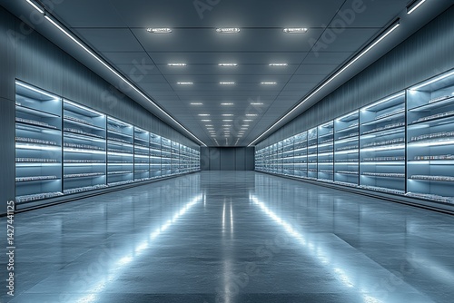 A long hallway displays shelving with many small containers inside