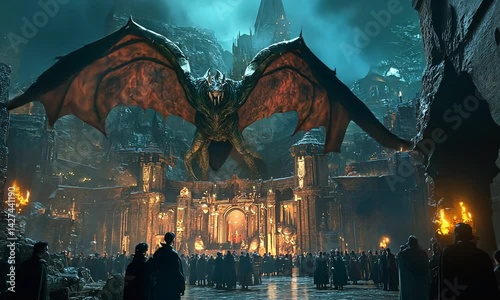 A colossal dragon looms over a dark, ancient city filled with spectators in awe, amidst flames photo