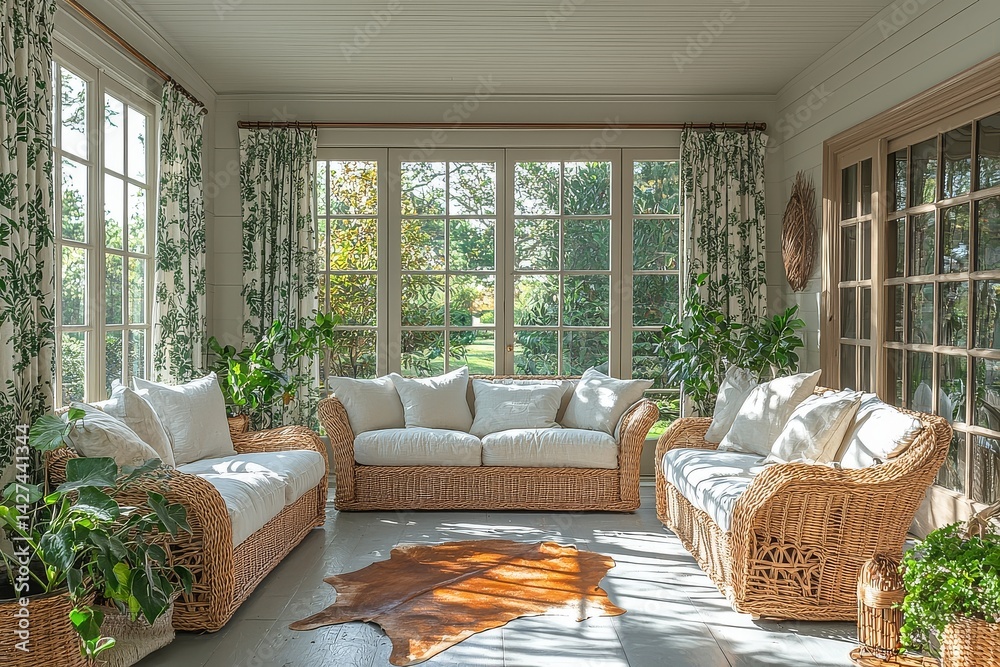 Fototapeta premium Charming sunroom with white walls and ceiling, green patterned curtains, rattan furniture, cowhide rug, and French doors leading to an outdoor area.