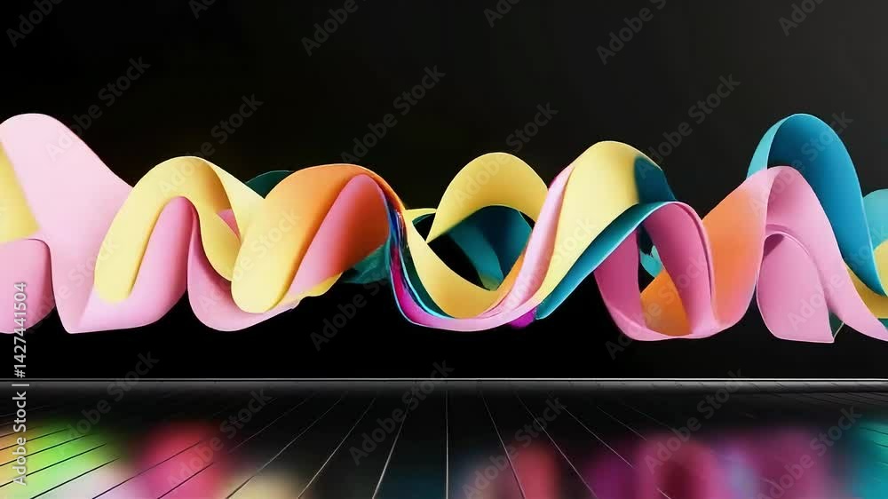 Waving colourful ribbons elegantly collapse onto a dark reflective floor in this abstract animation