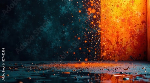 Abstract Orange and Teal Splashes on Dark Surface A Vibrant Composition of Dynamic Movement and Textural Contrast