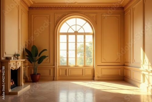 Serene Sunlight Illuminates Elegant Room with Ornate Millwork and Fireplace