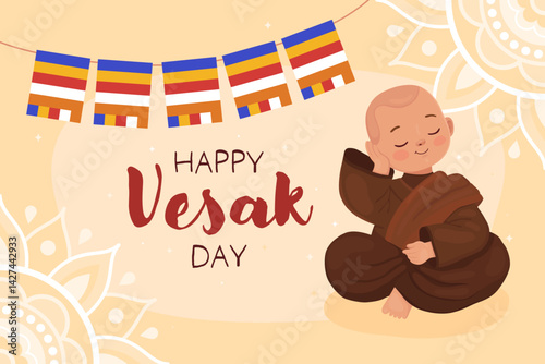 Happy Vesak day, card for buddhist holiday. Cute character, little boy Buddhist monk in brown clothes and a garland of Buddhist flags. Thoughtful smiling monk.