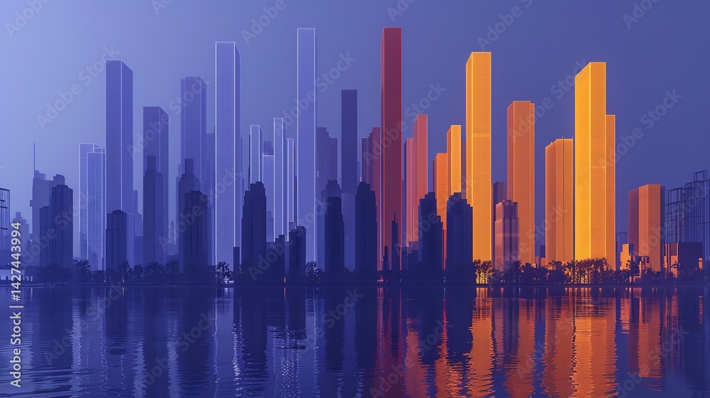 Fototapeta premium Minimalist skyline formed by bending light beams where each building represents a unique spectrum symbolizing urban innovation through simplicity