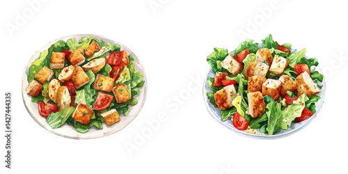 chicken caesar salad watercolor vector illustration.