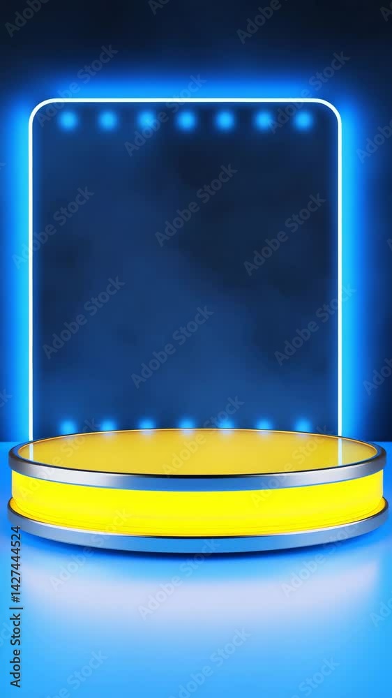 A blue neon rounded square frame with a glowing yellow circle podium on a blue background.