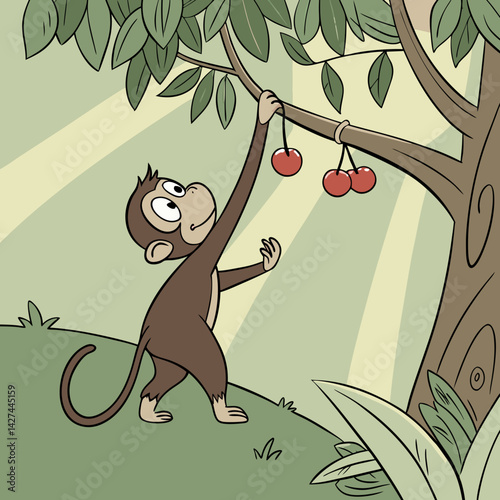 A naughty monkey is plucking cherries