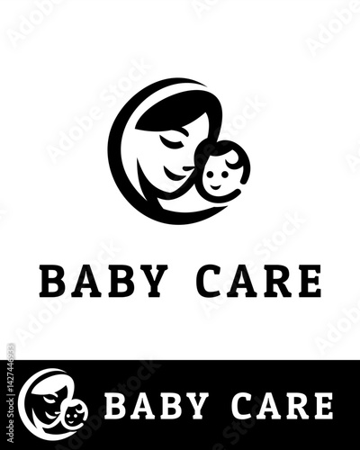 A tender and minimalistic baby care logo featuring a mother holding her child in a loving embrace, ideal for childcare services, parenting blogs, pediatric clinics, or baby product branding