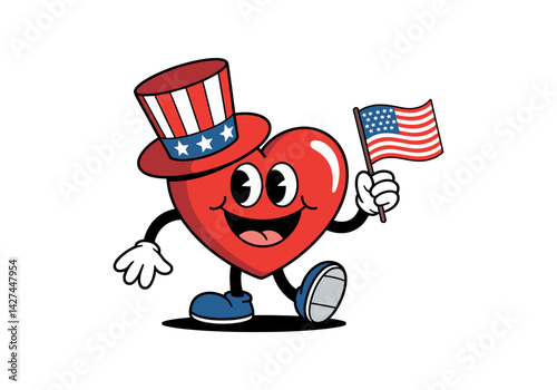 A heart with an American flag and top hat celebrates patriotism.