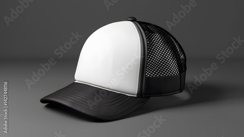A blank black and white trucker hat mockup front view