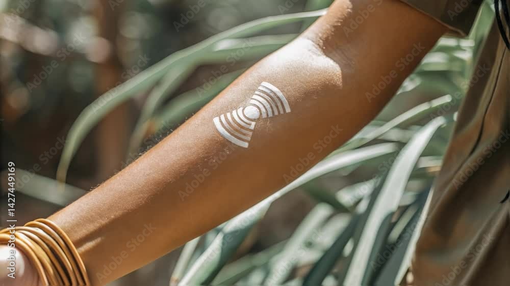A closeup of a persons forearm with temporary tattoos embedded with biosensors detecting hydration levels and muscle fatigue indicating innovative ways to monitor and enhance