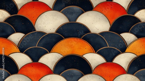 Abstract, textured, overlapping, circular, waves, pattern, in orange, red, cream, and navy.