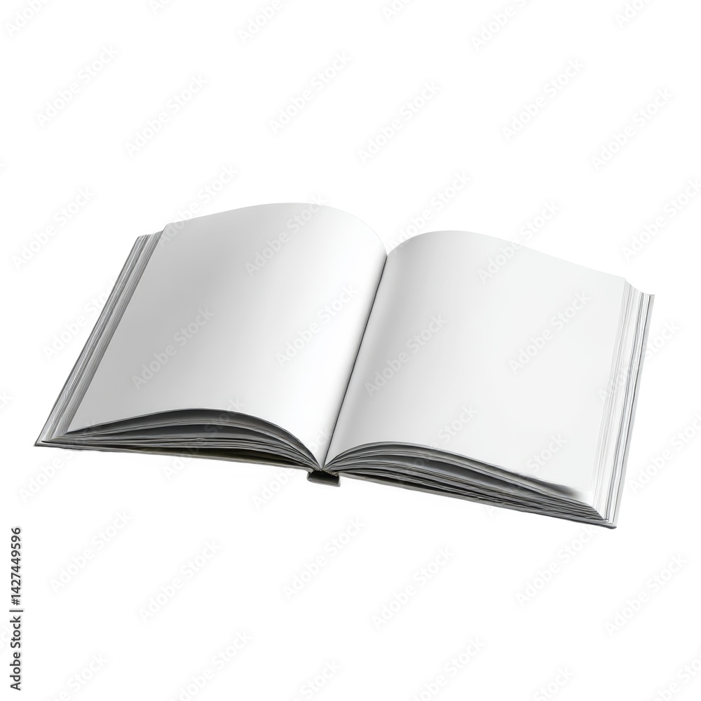 Open book with blank pages displayed against a solid colored background Open book with blank pages displayed against a solid colored background
