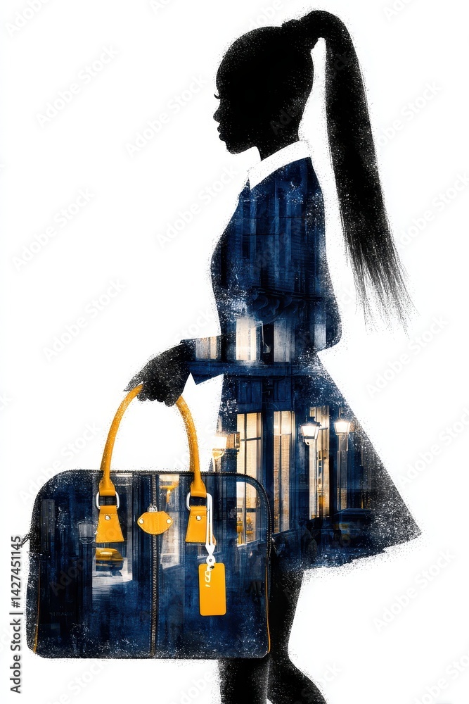 Obraz premium Elegant Silhouette with Double Exposure Art and Fashion Elements Showcasing Style and Urban Atmosphere