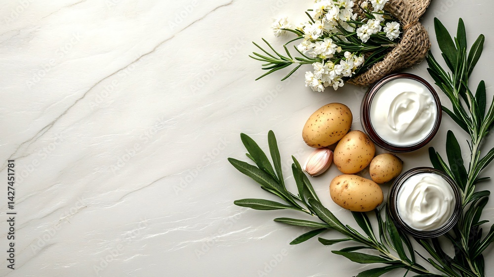 Fototapeta premium rustic-style flat lay of peeled garlic cloves, baby potatoes, and fresh herb bouquet with white sour cream, laid on textured marble kitchen counter with minimalist bright shadowing