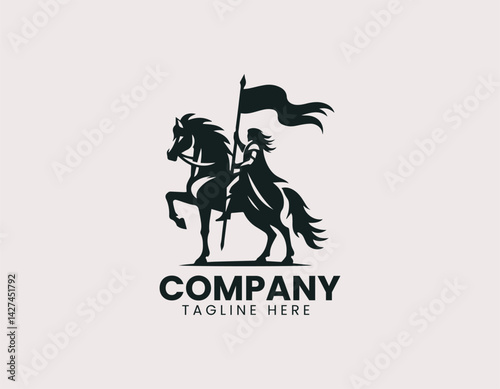 Epic Warrior Silhouette Horse Standing Flag Vector Logo Design, Majestic Warrior on Horseback Holding Flag Logo