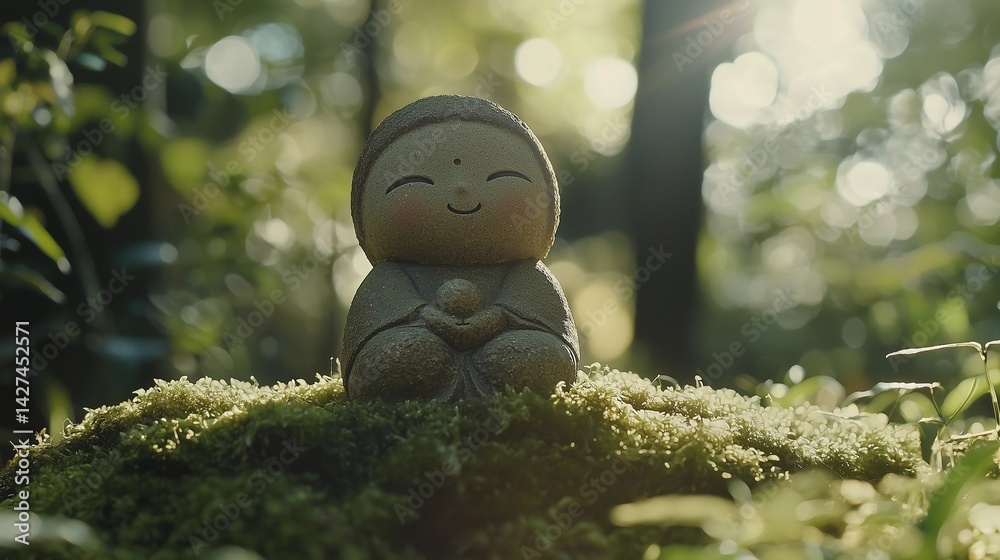 Obraz premium 苔むす森の小さな笑顔の地蔵