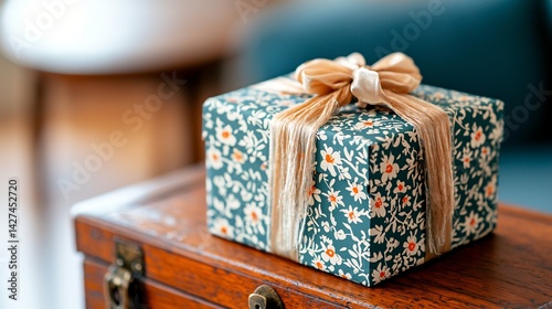 Vintage-style gift box with floral patterned paper and frayed silk ribbon, placed on wooden chest