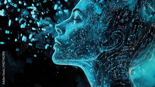 Binary code forming into a cybernetic control diagram over a glowing blue surface