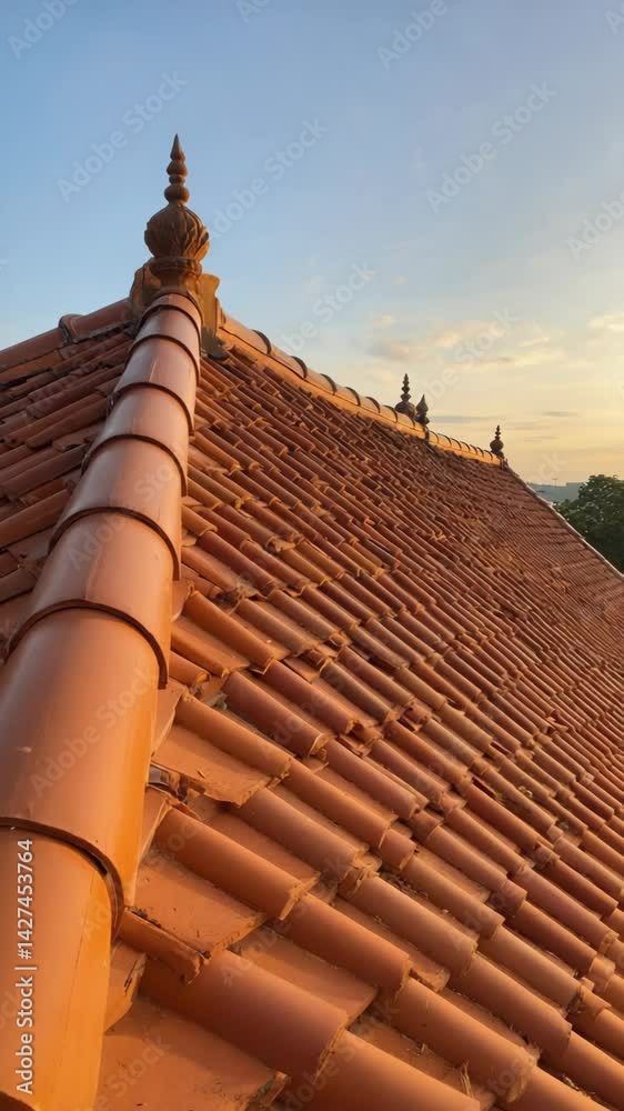 Detailed close-up of terracotta roof tiles with decorative finials at golden hour in soft light under a clear blue sky.