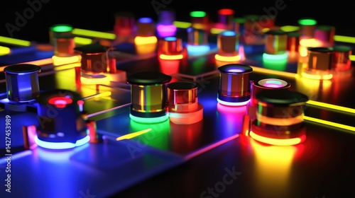 Cybernetic feedback system with sensors, processors, and actuators highlighted by neon glow