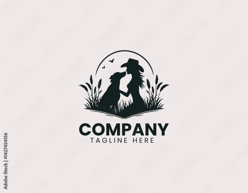 Obraz premium Cowgirl Hat Woman Kissing Dog Tall Grass Vector Logo Design, Western Woman Cowboy Hat Kissing Dog Logo