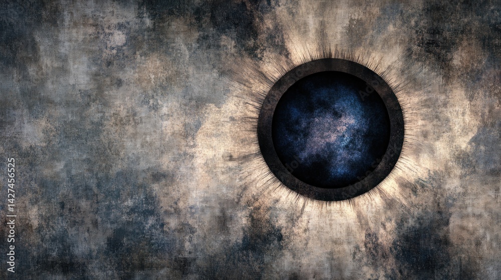 A textured, aged eye peering through a cosmic void. A textured, aged eye peering through a cosmic void.