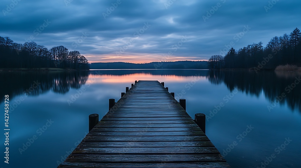 Fototapeta premium Wooden Pier Leading to Calm Lake Water at Dusk Scenery