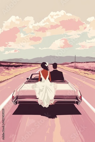 Newly wedded couple departing on a road trip in a convertible car