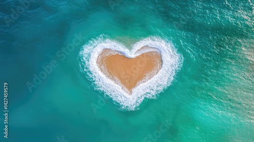 Heart-Shaped Sandbar Surrounded by Waves in Turquoise Ocean Water