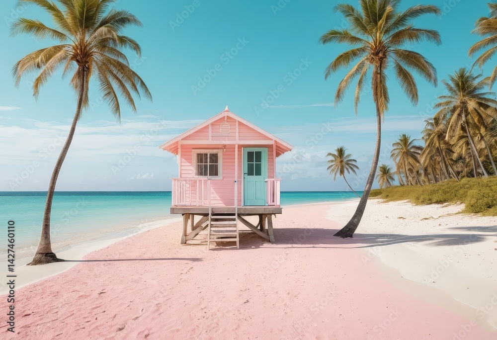 Fototapeta premium A charming pink beach hut nestled among swaying palm trees, overlooking a serene shoreline with soft waves gently lapping at the sandy beach.