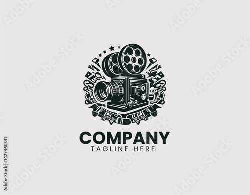 Vintage Cinema Camera Illustration Film Festival Vector Logo Design, Retro Movie Camera Film Festival LogoClassic Cinema Camera for Film Fest Illustration Logo
