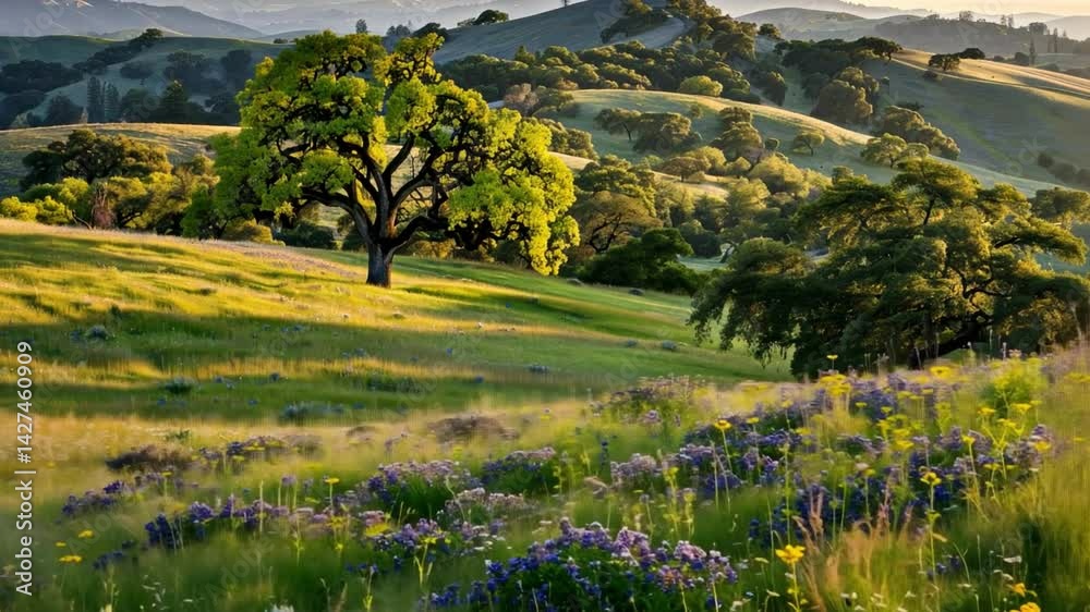 custom made wallpaper toronto digitalSerene landscape of rolling green hills, majestic oak tree, and vibrant wildflowers under sunlight, capturing tranquility of nature in scenic meadow.
