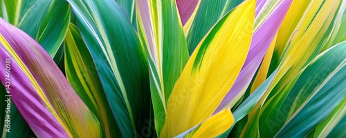 Vibrant Green and Yellow Leaves with Purple Stripes in Nature Scene