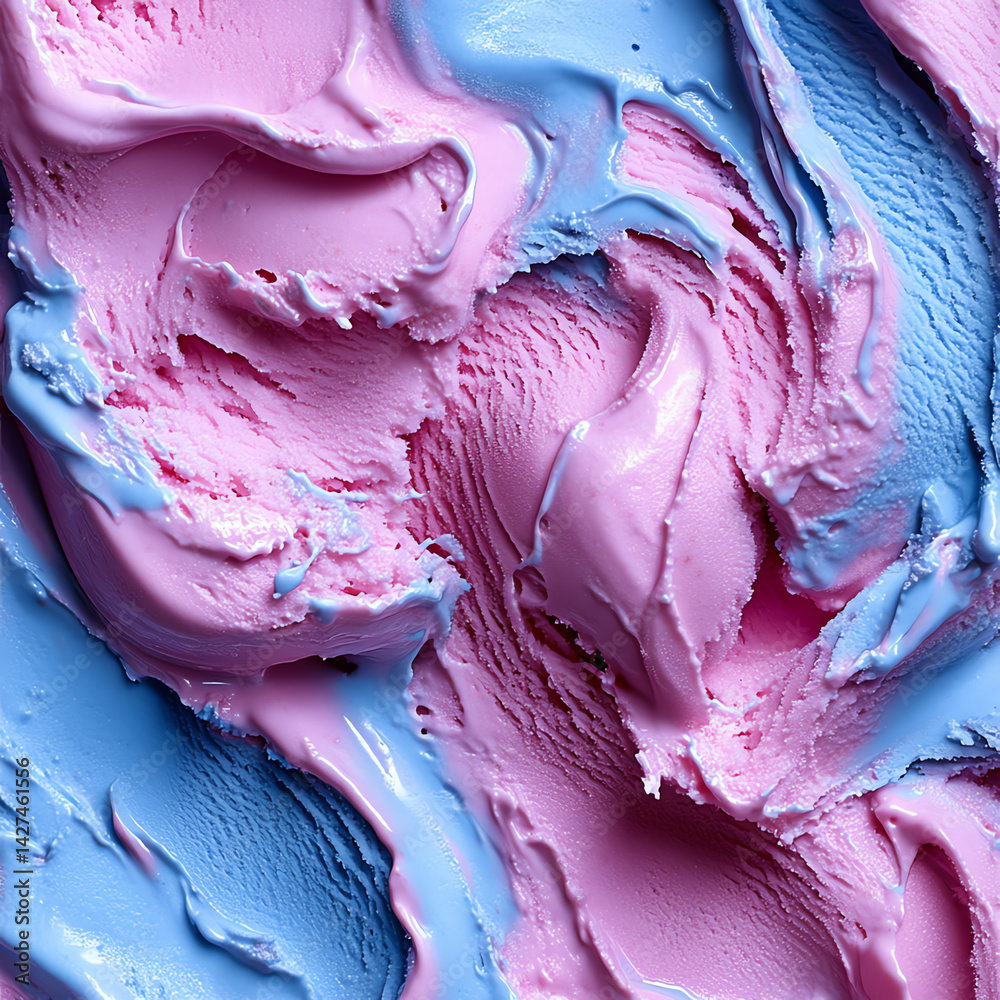Obraz premium A vibrant, close-up shot of creamy ice cream with smooth texture and fresh swirls. Perfect for food blogs, ads, and dessert-themed projects. High-resolution and appetizing